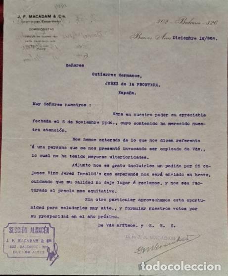 Cartas comerciais: Carta comercial. J.F. Macadam & C&iacute;a. Importadores y Exportadores. Buenos Aires. Argentina 1908