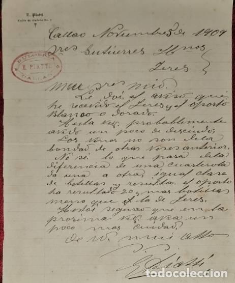 Cartas comerciais: Carta comercial. E. Piatti. Callao. Per&uacute; 1909