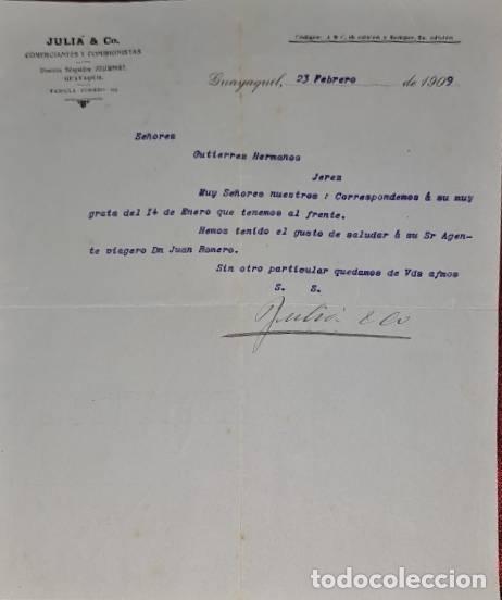 Cartas comerciais: Carta comercial. Juli&aacute; & C&ordm;. Comerciantes y Comisionistas. Guayaquil. Ecuador 1909