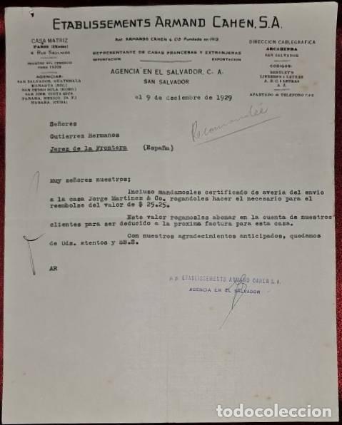 Cartas comerciais: Carta comercial. Etablissements Armand Cahen S.A. San salvador. El Salvador 1929