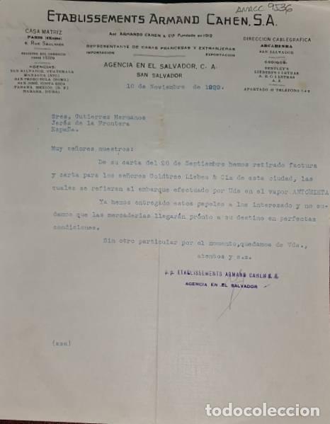 Cartas comerciais: Carta comercial. Etablissements Armand Cahen S.A. San salvador. El Salvador 1929