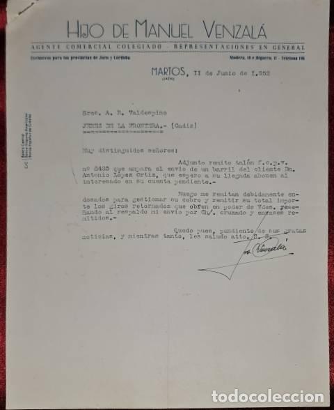 Cartas comerciais: Carta comercial. Hijo de Manuel Venzal&aacute;. Agente comercial colegiado. Martos. Ja&eacute;n. Espa&ntilde;a 1952