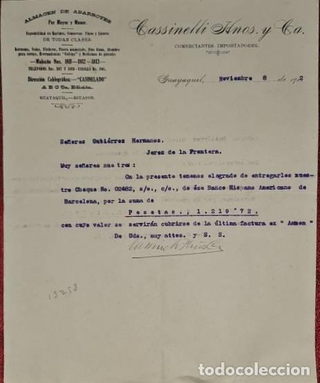 Cartas comerciais: Carta comercial. Casinelli Hnos, y C&ordf;. Almac&eacute;n de abarrotes. Guayaquil. Ecuador 1912