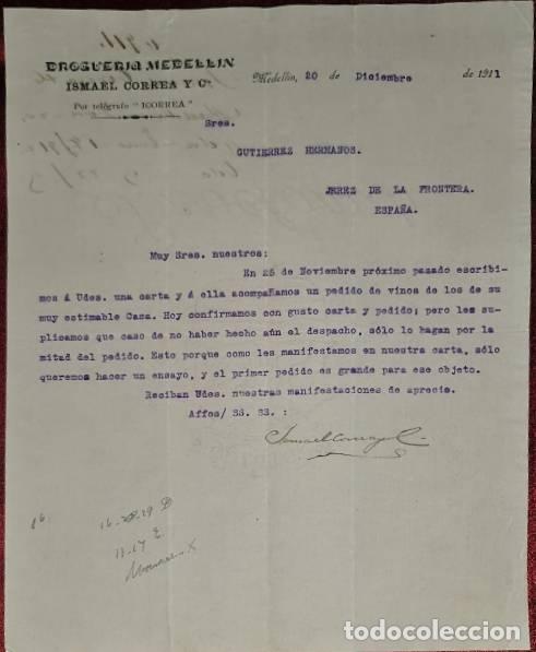 Cartas comerciais: Carta comercial. Ismael Correa y C&iacute;a. Droguer&iacute;a Medell&iacute;n. Medell&iacute;n. Colombia 1911