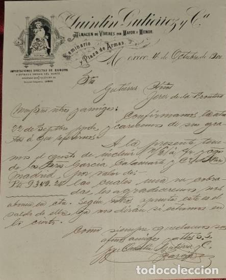 Cartas comerciais: Carta comercial. Quintin Gutierrez y C&ordf;. Almac&eacute;n de v&iacute;veres. M&eacute;xico. 1900