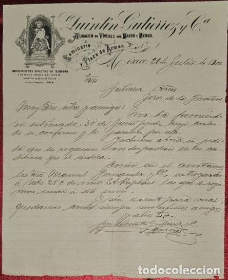 Cartas comerciais: Carta comercial. Quintin Gutierrez y C&ordf;. Almac&eacute;n de v&iacute;veres. M&eacute;xico. 1900