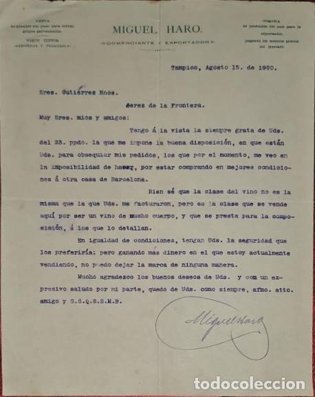 Cartas comerciais: Carta comercial. Miguel Haro. Comerciante y Exportador. Tampico. M&eacute;xico 1900
