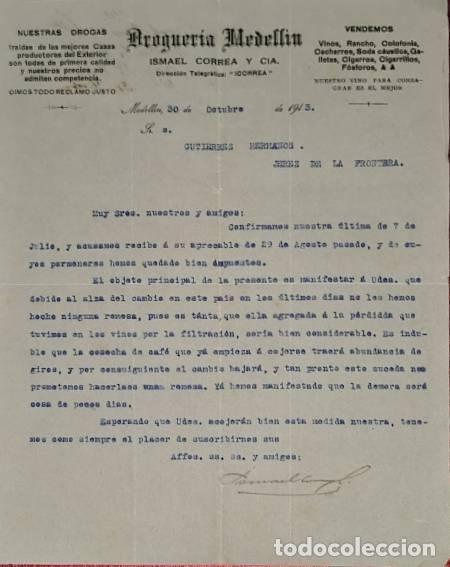 Commercial Letters: Carta comercial. Ismael Correa y C&iacute;a. Droguer&iacute;a Medell&iacute;n. Medell&iacute;n. Colombia 1913