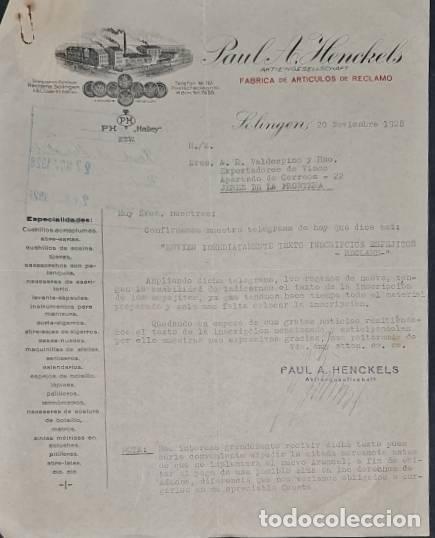 Commercial Letters: Carta comercial. Paul A. Henckels. F&aacute;brica de art&iacute;culos de reclamo. Solingen. Alemania 1928