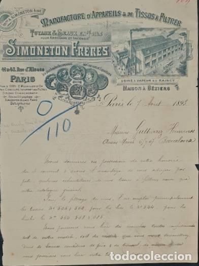 Commercial Letters: Carta comercial. Simoneton Fr&eacute;res. Manufacture d&acute;Appareils & de Tissus a Filtrer. Par&iacute;s.Francia 1893