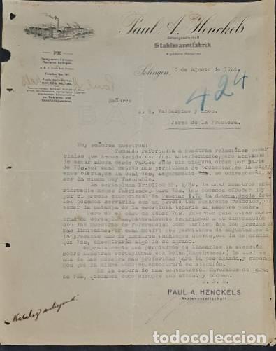 Commercial Letters: Carta comercial. Paul A. Henckels. F&aacute;brica de art&iacute;culos de reclamo. Solingen. Alemania 1924