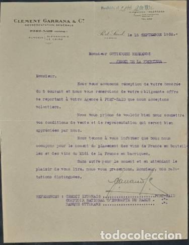 Commercial Letters: Carta comercial. Clement Garrana & C&ordm;. Repr&eacute;sentation G&eacute;n&eacute;rale. Port-Said. Egipto 1932