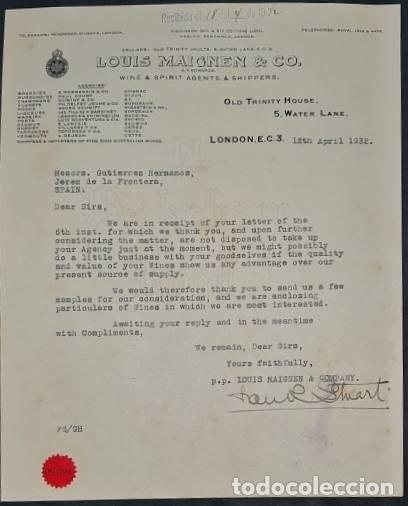 Lettres commerciales: Carta comercial. Louis Maignem & C&ordm;. Wine & Spirit agents & Shippers. London 1932
