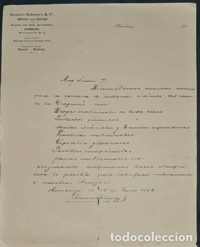 Lettres commerciales: Carta comercial. Ricardo Schwarz & C&ordm;. Import und Export. Hamburg. Alemania 1892