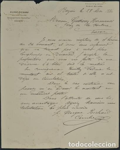 Lettres commerciales: Carta comercial. Nugue- Richard. H&eacute;rrisson S&acute;Sernin Gendre & Succ. B&eacute;ziers. Francia 1886