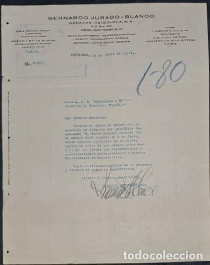 Lettres commerciales: Carta comercial. Bernardo Jurado- Blanco. General Commission Agents. Caracas. Venezuela 1924