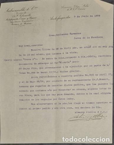 Lettres commerciales: Carta comercial. Sabioncello y C&iacute;a. Importaci&oacute;n y Exportaci&oacute;n. Antofagasta. Chile 1909