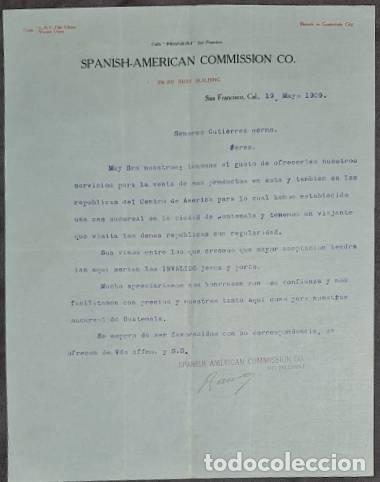 Lettres commerciales: Carta comercial. Spanish-American Commission C&ordm;. San Franc&iacute;sco. EE.UU. 1909