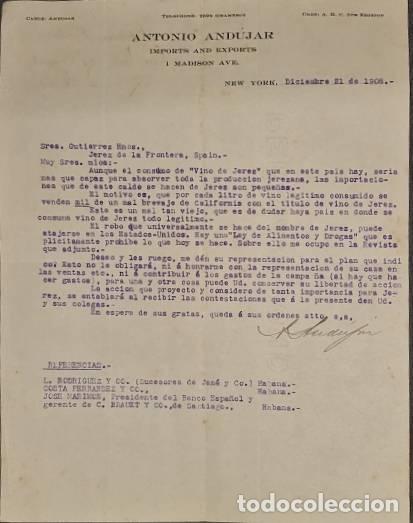 Lettres commerciales: Carta comercial. Antonio And&uacute;jar. Imports and Exports. New York 1908