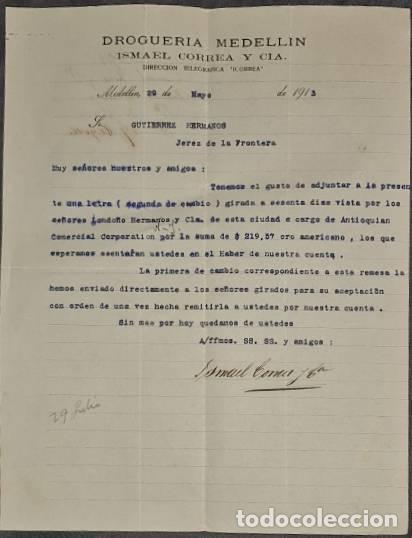 Cartas comerciais: Carta comercial. Ismael Correa y C&iacute;a. Droguer&iacute;a Medell&iacute;n. Medell&iacute;n. Colombia 1913