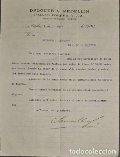Cartas comerciais: Carta comercial. Ismael Correa y C&iacute;a. Droguer&iacute;a Medell&iacute;n. Medell&iacute;n. Colombia 1913