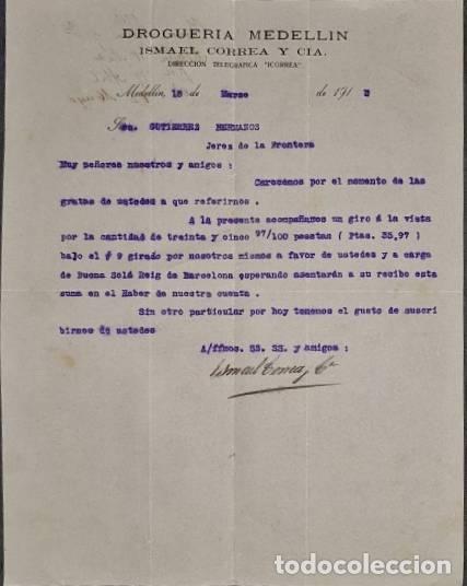 Cartas comerciais: Carta comercial. Ismael Correa y C&iacute;a. Droguer&iacute;a Medell&iacute;n. Medell&iacute;n. Colombia 1913