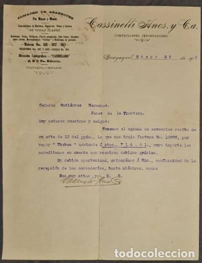 Cartas comerciais: Carta comercial. Cassinelli Hnos. y C&ordf;. Almacen de Abarrotes. Guayaquil. Ecuador 1912