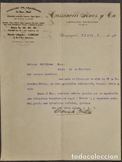 Cartas comerciais: Carta comercial. Cassinelli Hnos. y C&ordf;. Almacen de Abarrotes. Guayaquil. Ecuador 1912
