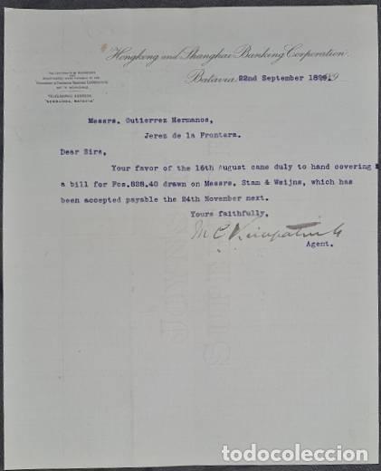 Cartas comerciais: Carta comercial. Hongkong and Shanghai BAnking Corporation. Batavia. Indonesia 1899