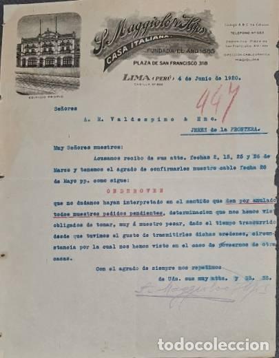 Cartas comerciais: Carta comercial. J. Maggiolo & Hijos. Casa Italiana. Lima. Per&uacute; 1920