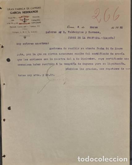 Cartas comerciais: Carta comercial. Garc&iacute;a Hermanos. Gran f&aacute;brica de camisas. Lima. Per&uacute; 1920