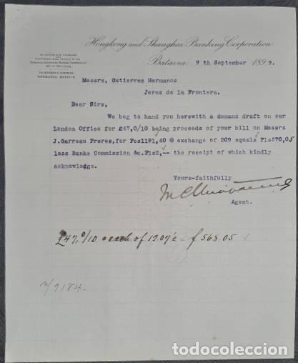 Lettres commerciales: Carta comercial. Hongkong and Shanghai BAnking Corporation. Batavia. Indonesia 1899
