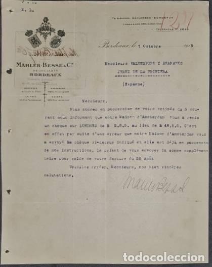 Lettres commerciales: Carta comercial. M&auml;hler-Besse & C&iacute;e. Bordeaux. Francia 1919