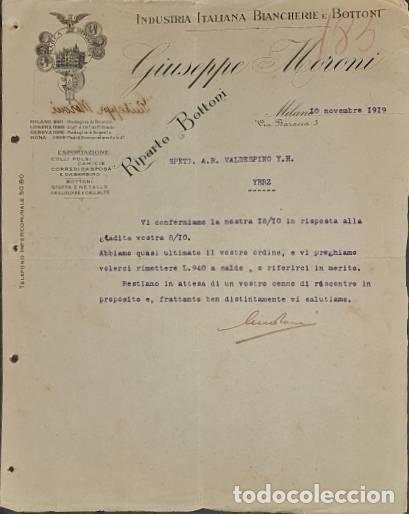 Lettres commerciales: Carta comercial. Giuseppe Moroni. Industria Italiana Biancherie e Bottoni. Milan. Italia 1919