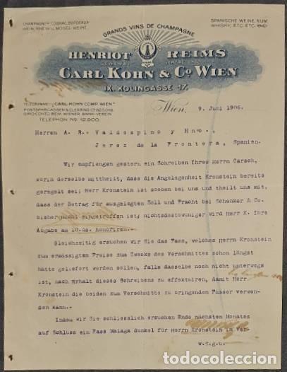 Lettres commerciales: Carta comercial. Henriot Reims. Carl Kohn & C&ordm; Wien. Grands vins de Champagne. Wien. Austria 1906