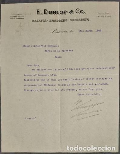 Lettres commerciales: Carta comercial. E. Dunlop & C&ordm;. Batavia- Bandoeng-Soerabaya. BAtavia. Indonesia 1909