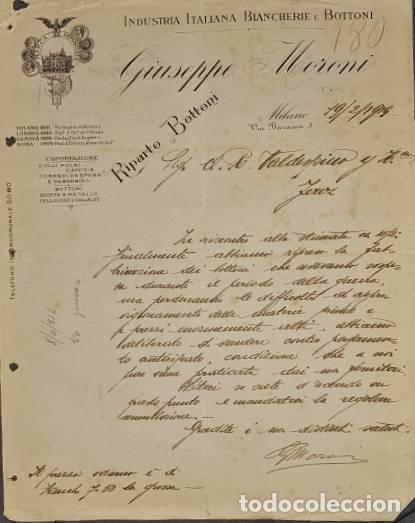 Lettres commerciales: Carta comercial. Giuseppe Moroni. Industria Italiana Biancherie e Bottoni. Milan. Italia 1919
