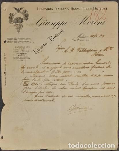 Lettres commerciales: Carta comercial. Giuseppe Moroni. Industria Italiana Biancherie e Bottoni. Milan. Italia 1919