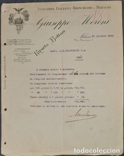 Lettres commerciales: Carta comercial. Giuseppe Moroni. Industria Italiana Biancherie e Bottoni. Milan. Italia 1919