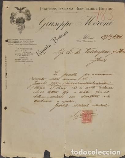 Lettres commerciales: Carta comercial. Giuseppe Moroni. Industria Italiana Biancherie e Bottoni. Milan. Italia 1919