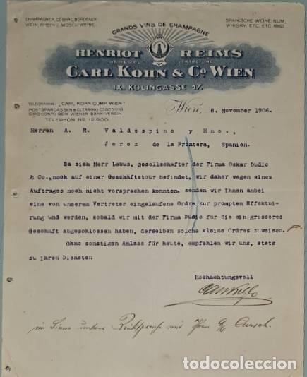Cartas comerciales: Carta comercial. Henriot Reims. Carl Kohn & C&ordm; Wien. Grands vins de Champagne. Wien. Austria 1906