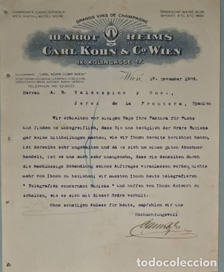 Cartas comerciales: Carta comercial. Henriot Reims. Carl Kohn & C&ordm; Wien. Grands vins de Champagne. Wien. Austria 1906