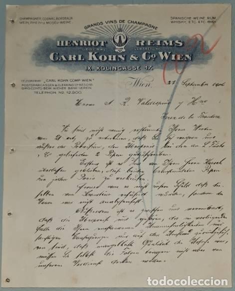 Cartas comerciales: Carta comercial. Henriot Reims. Carl Kohn & C&ordm; Wien. Grands vins de Champagne. Wien. Austria 1906