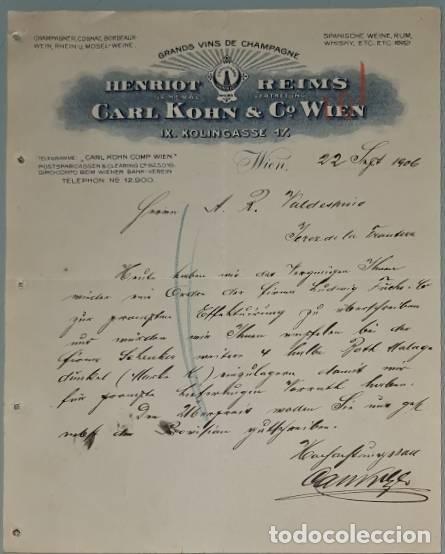 Cartas comerciales: Carta comercial. Henriot Reims. Carl Kohn & C&ordm; Wien. Grands vins de Champagne. Wien. Austria 1906