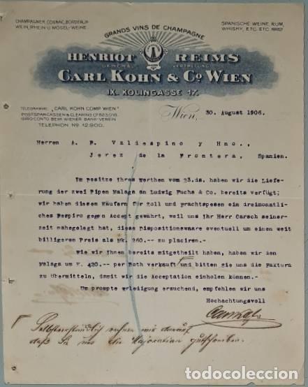 Cartas comerciales: Carta comercial. Henriot Reims. Carl Kohn & C&ordm; Wien. Grands vins de Champagne. Wien. Austria 1906
