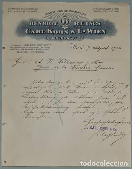 Cartas comerciales: Carta comercial. Henriot Reims. Carl Kohn & C&ordm; Wien. Grands vins de Champagne. Wien. Austria 1906