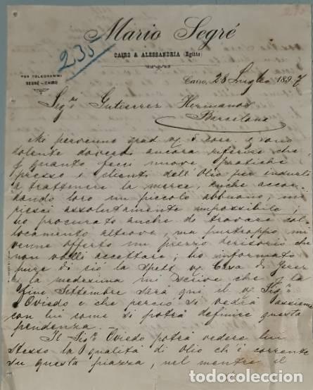 Cartas comerciales: Carta comercial. Mario Segr&eacute;. CAiro & Alessandria. Epipto 1897