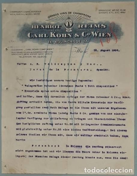 Cartas comerciales: Carta comercial. Henriot Reims. Carl Kohn & C&ordm; Wien. Grands vins de Champagne. Wien. Austria 1906