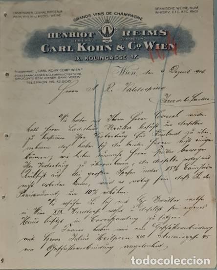 Cartas comerciales: Carta comercial. Henriot Reims. Carl Kohn & C&ordm; Wien. Grands vins de Champagne. Wien. Austria 1906