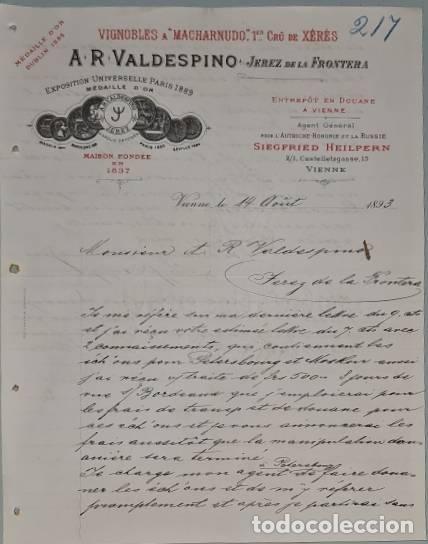 Cartas comerciales: Carta comercial. A.R. Valdespino. Vignobles. Vienne. Francia 1893